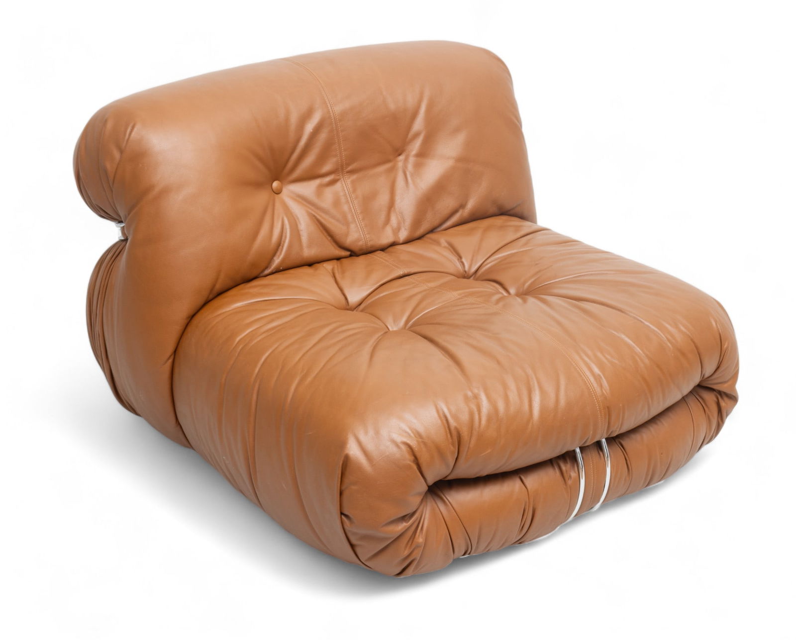 Afra And Tobia Scarpa (Italian) for Cassina Chromed Steel And Leather Upholstered Ca. 1970, "Soriana: Afra And Tobia Scarpa (Italian) for Cassina Chromed Steel And Leather Upholstered Ca. 1970, "Soriana Lounge Chair", H 27" W 35" L 37" | Manufactured by Cassina for Atelier International, 1970's, uphol