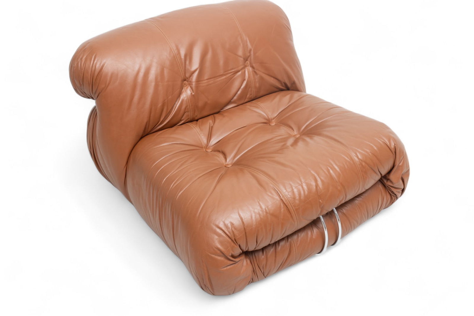 Afra And Tobia Scarpa (Italian) for Cassina Chromed Steel And Leather Upholstered Ca. 1970, "Soriana: Afra And Tobia Scarpa (Italian) for Cassina Chromed Steel And Leather Upholstered Ca. 1970, "Soriana Lounge Chair", H 27" L 35" Depth 37" | Manufactured by Cassina for Atelier International, 1970's, u