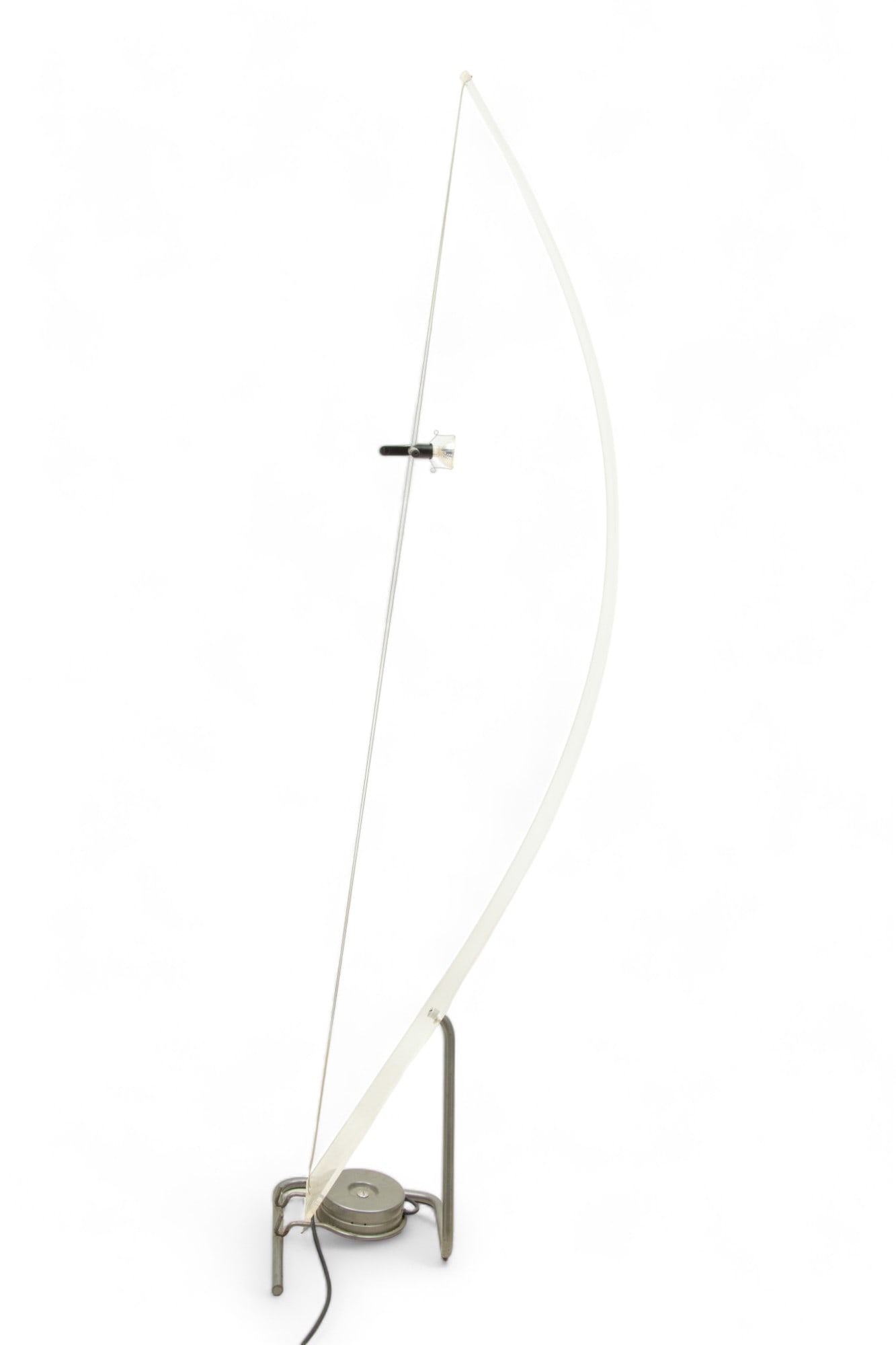 Attributed to Alex Meise 'Acro Nero' Lucite Floor Lamp, Ca. 1980, H 74.5" W 13" Depth 11": Attributed to Alex Meise 'Acro Nero' Lucite Floor Lamp, Ca. 1980, H 74.5" W 13" Depth 11" | in the form of a bow, offers a suspended electrified light and lucite bow 'grip'. No branding or maker's mar
