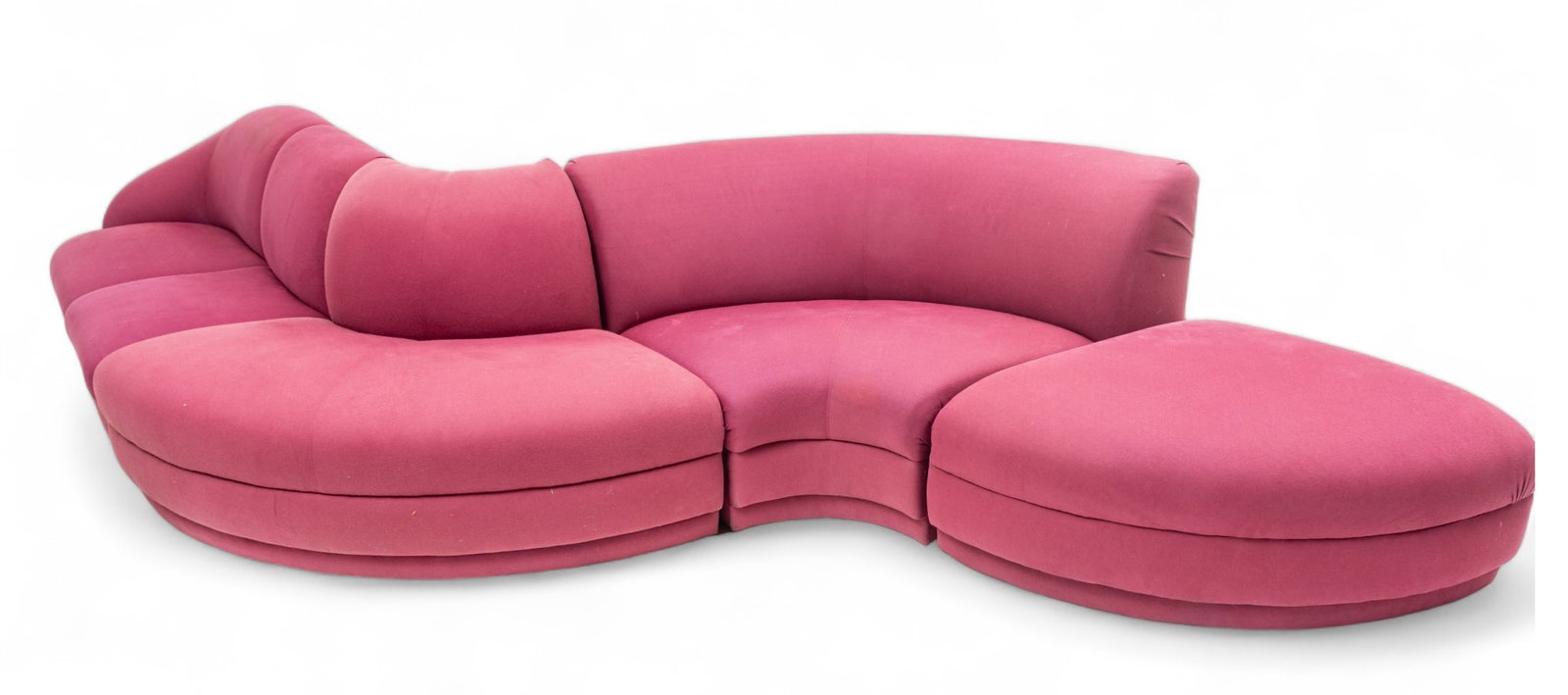 Vladimir Kagan (American, 1927-2016) for Weiman Serpentine Cloud Sofa H 30.75" W 168" Depth 34": Vladimir Kagan (American, 1927-2016) for Weiman Serpentine Cloud Sofa H 30.75" W 168" Depth 34" | Four section serpentine sofa having cranberry upholstery. One section having an arm, W 54". One convex