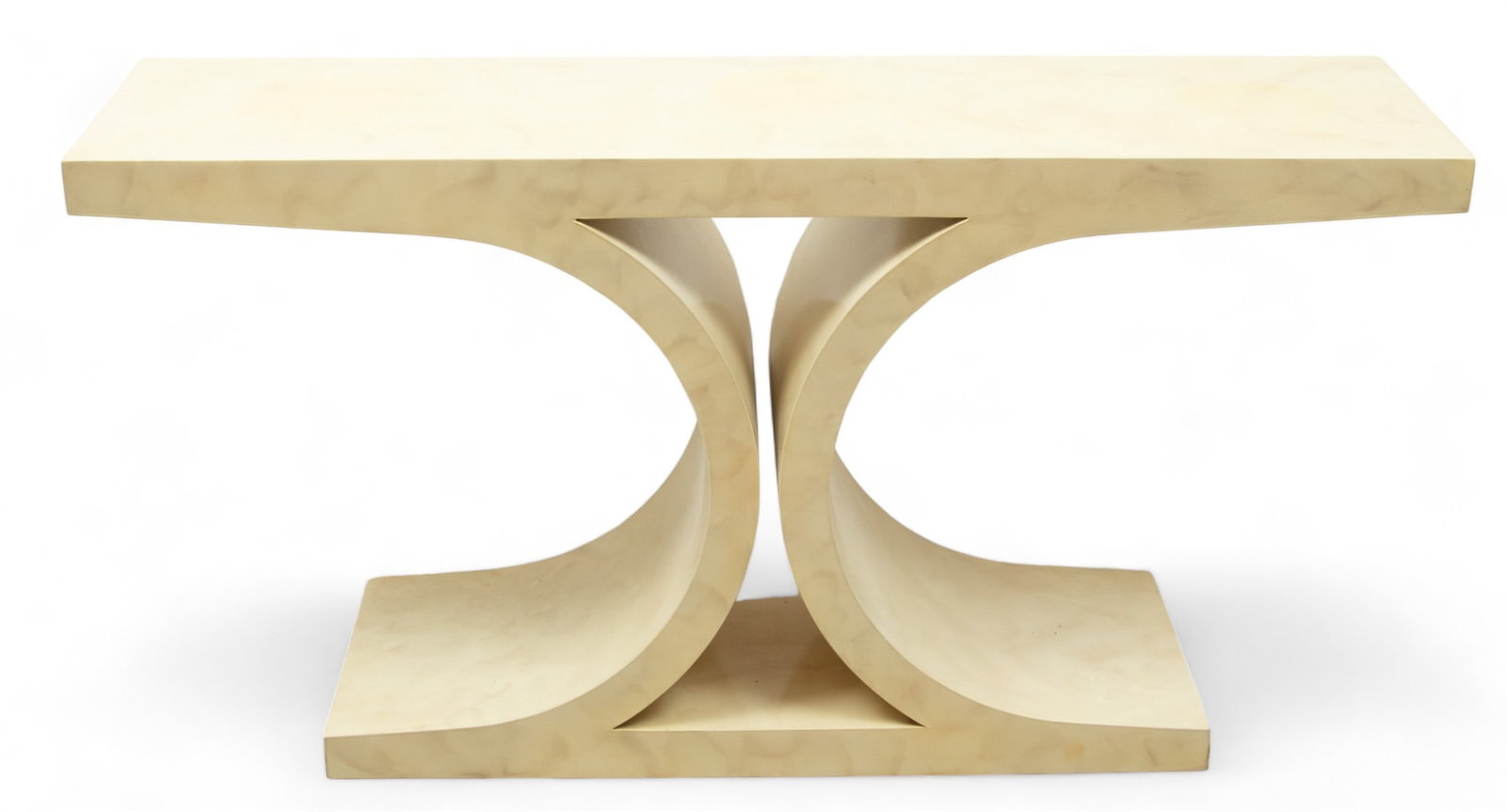 Karl Springer (American, 1931-1991) Laminated Console Table, H 28.75" W 56" Depth 15": Karl Springer (American, 1931-1991) Laminated Console Table, H 28.75" W 56" Depth 15" | Cream colored laminated wood console table. Curved supports with a rectangular top. Provenance: Property from th