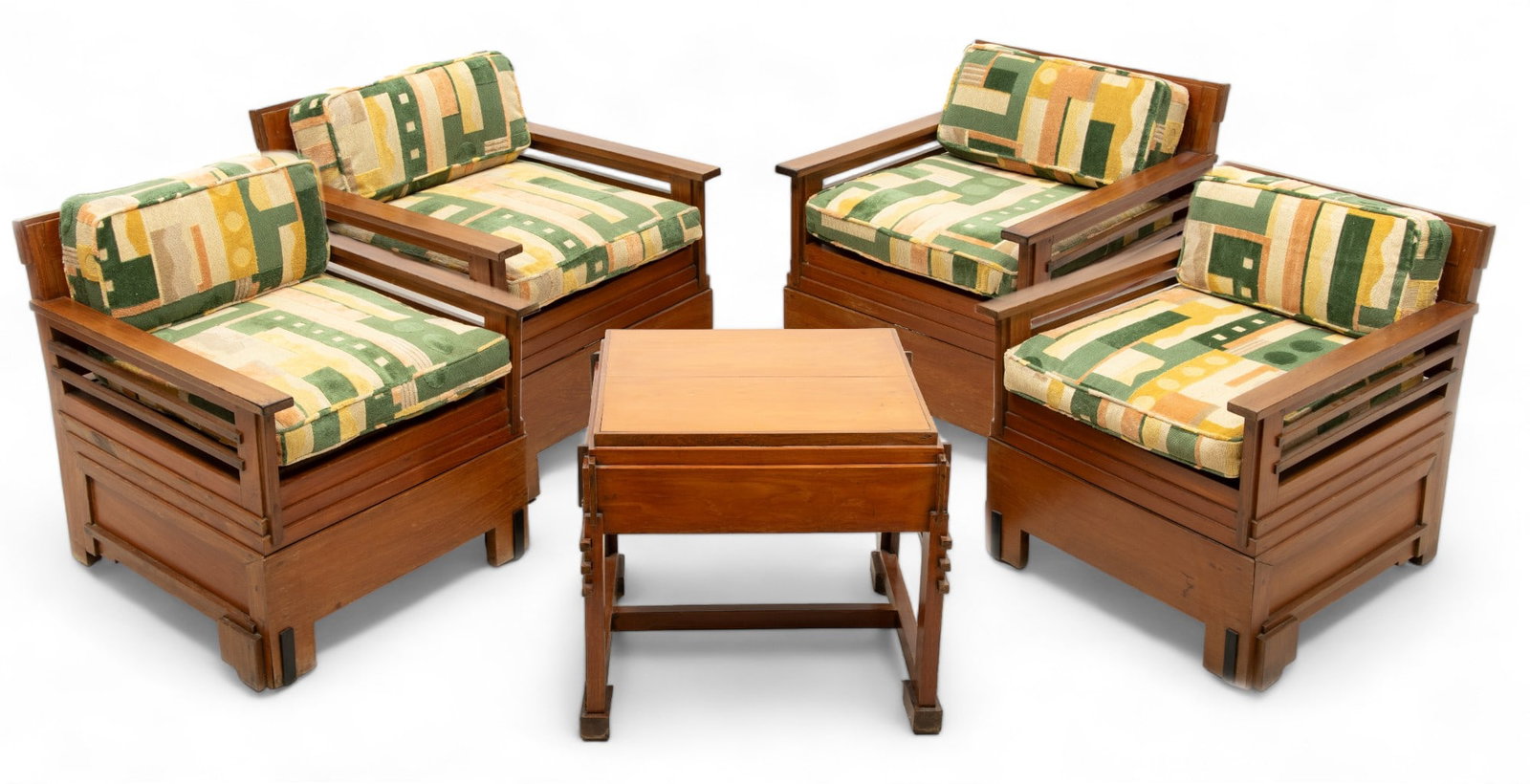 German Bauhaus Teak Wood & Rattan Chairs & Coffee Table, Ca. 1920, H 29" W 24" Depth 26" 5 pcs: German Bauhaus Teak Wood & Rattan Chairs & Coffee Table, Ca. 1920, H 29" W 24" Depth 26" 5 pcs | of Bauhaus design with arts and crafts construction, ebonized accents, and modern geometric lines. the 