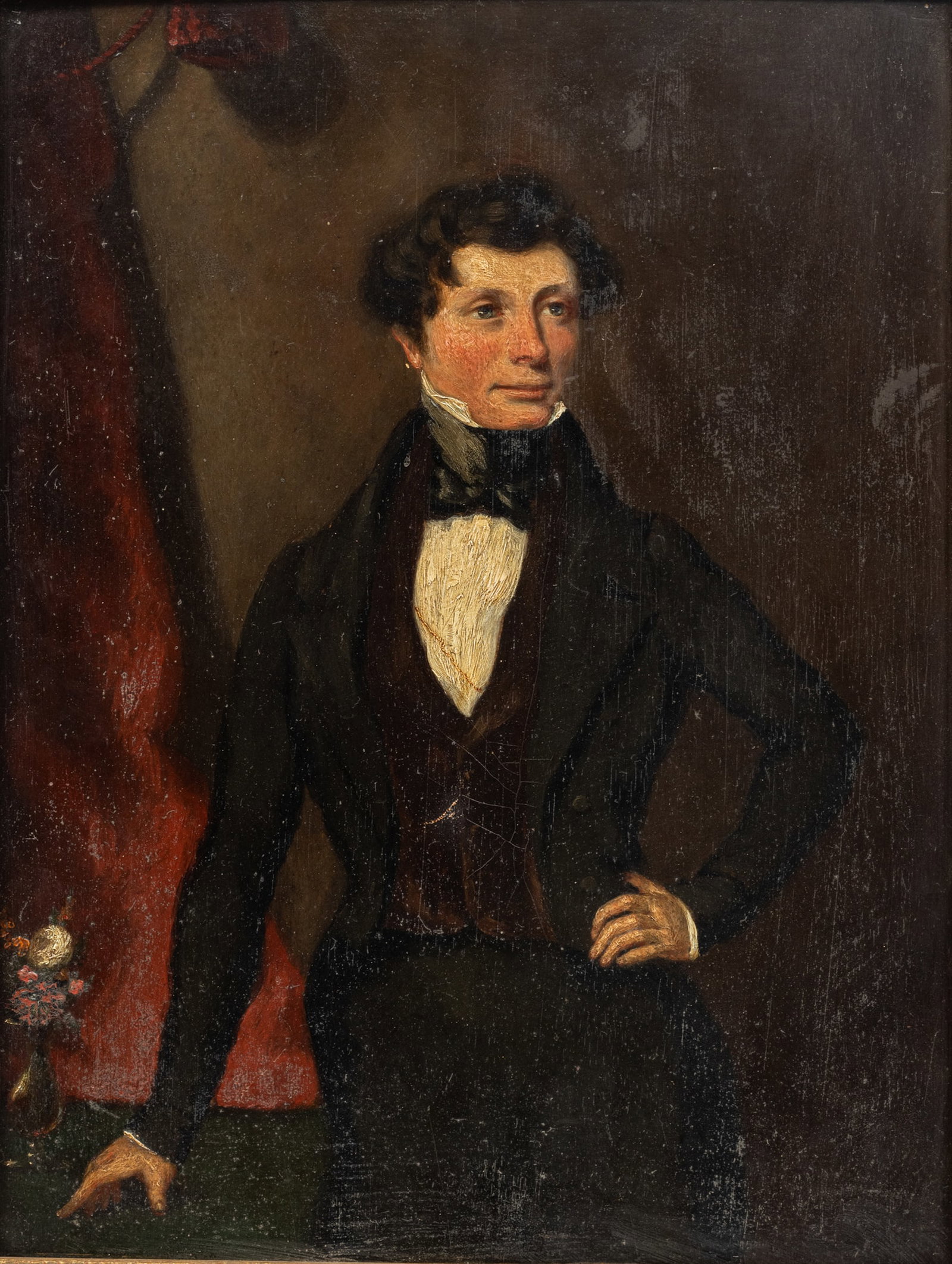 Attributed to Seth Lawrence (British) Oil on Beveled Mahogany Panel Ca. 19th C., "Portrait of a: Attributed to Seth Lawrence (British) Oil on Beveled Mahogany Panel Ca. 19th C., "Portrait of a Gentleman", H 14" W 11.75" | 3/4 length portrait of a gentleman with waistcoat and tie. Unsigned. Label 