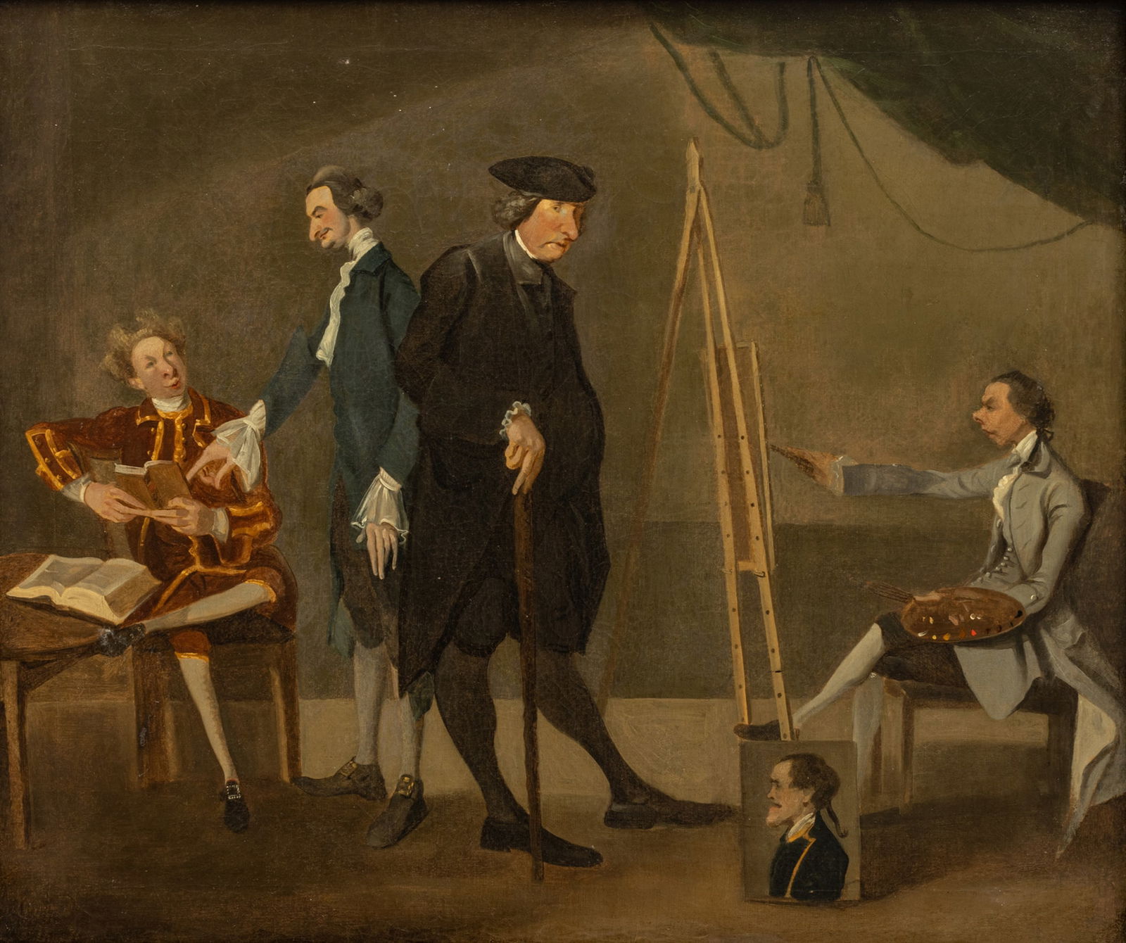 British Oil on Canvas, Ca. Early 19th C., the Artist's Studio, H 25" W 30": British Oil on Canvas, Ca. Early 19th C., the Artist's Studio, H 25" W 30" | Unsigned. Interior scene of an artist's studio with four caricatured figures. Artist paints at his easel as a subject stand