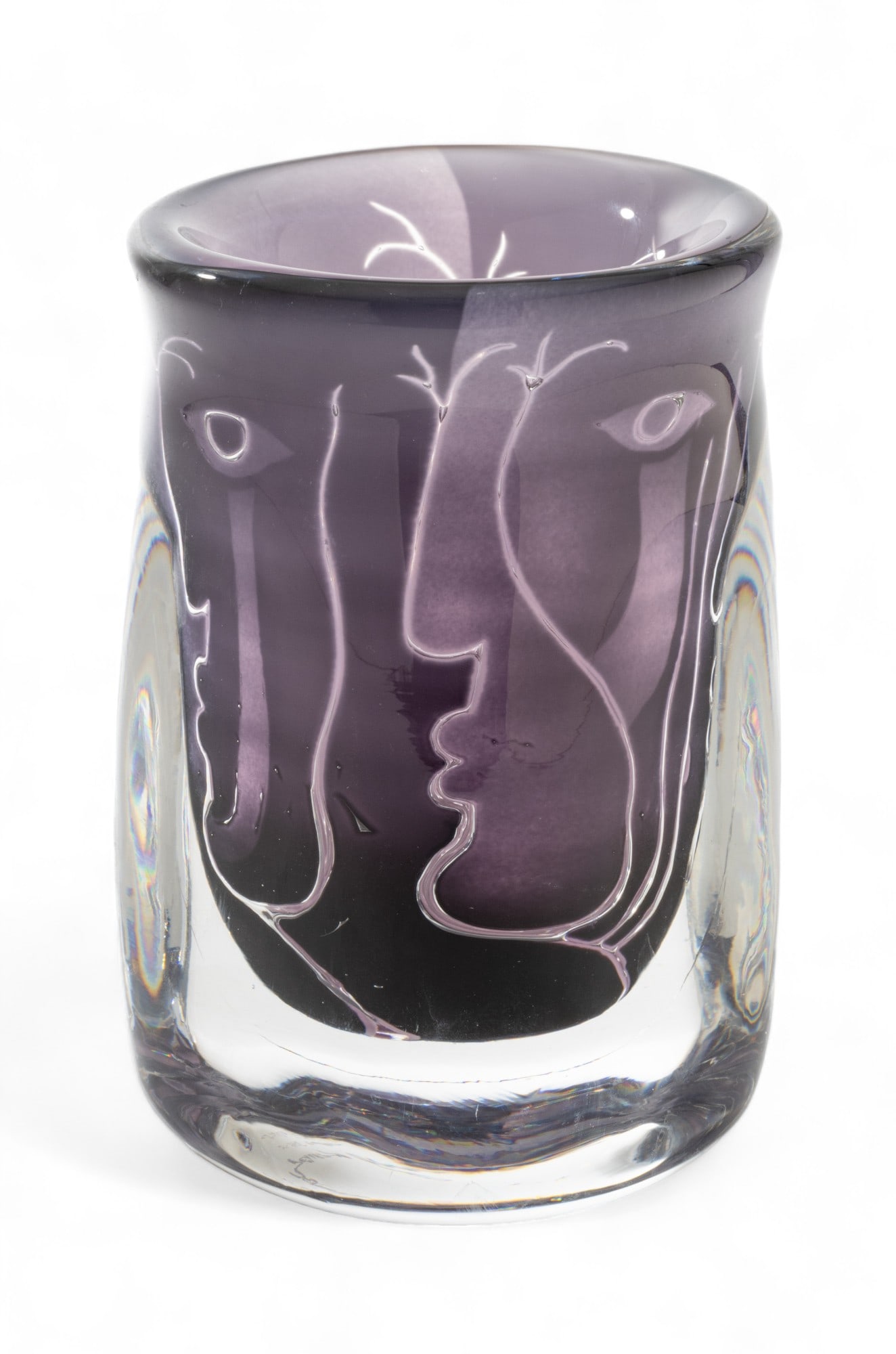 Ingeborg Lundin (Swedish, 1921-1992) for Orrefors, Art Glass Vase "Ariel", H 7": Ingeborg Lundin (Swedish, 1921-1992) for Orrefors, Art Glass Vase "Ariel", H 7" | Designed with facial profiles in purple. Incised on the underside "ORREFORS Ariel Nr 346-F Ingeborg Lundin."