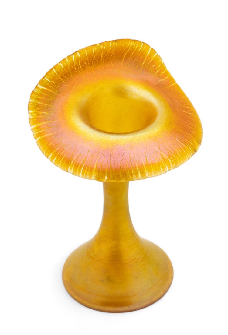 Quezal Art Glass And Decorating Company (American, 1902-1924) Iridescent Gold Jack-in-the-Pulpit: Quezal Art Glass And Decorating Company (American, 1902-1924) Iridescent Gold Jack-in-the-Pulpit Vase H 6.5" W 4" | Signed Quezal at the polished pontil.