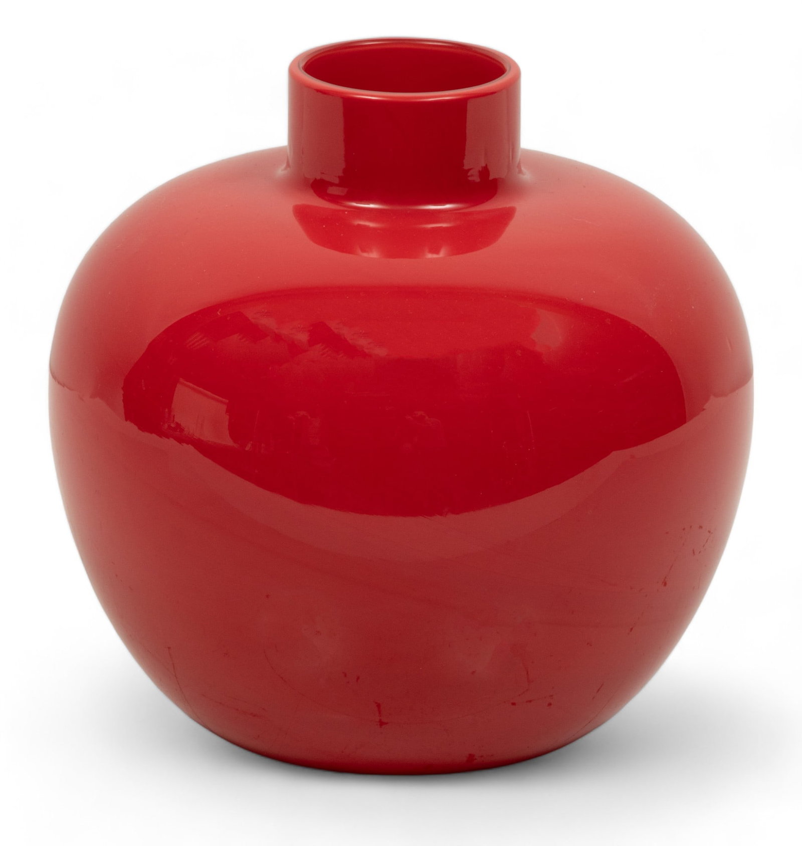 Italian Red Art Glass Vase, 1981, H 8.5" Dia. 8": Italian Red Art Glass Vase, 1981, H 8.5" Dia. 8" | Red cased glass in a bulbous form. Illegibly signed ...Italia 81.