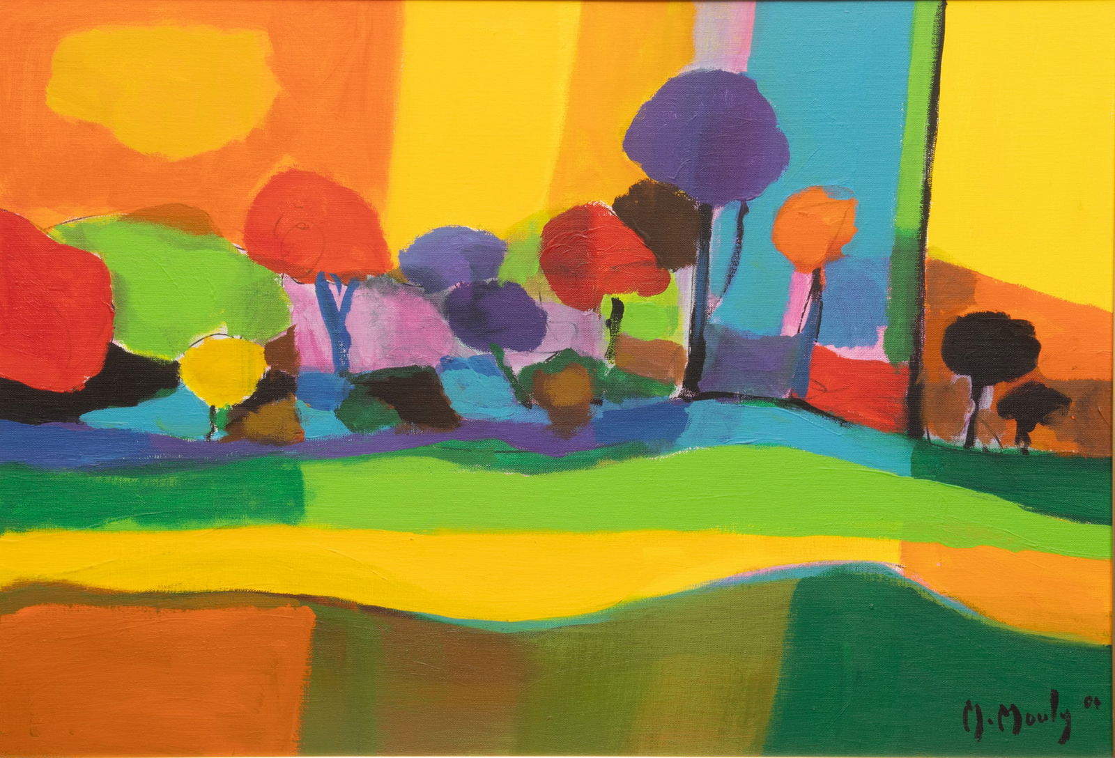 Marcel Mouly (French, 1918-2008) Oil on Canvas, 2004, "La Foret Multicolore", H 20" W 30": Marcel Mouly (French, 1918-2008) Oil on Canvas, 2004, "La Foret Multicolore", H 20" W 30" | Signed and dated lower right recto. Signed, dated, titled and dedicated verso. Frame Measurements H 33" W 42