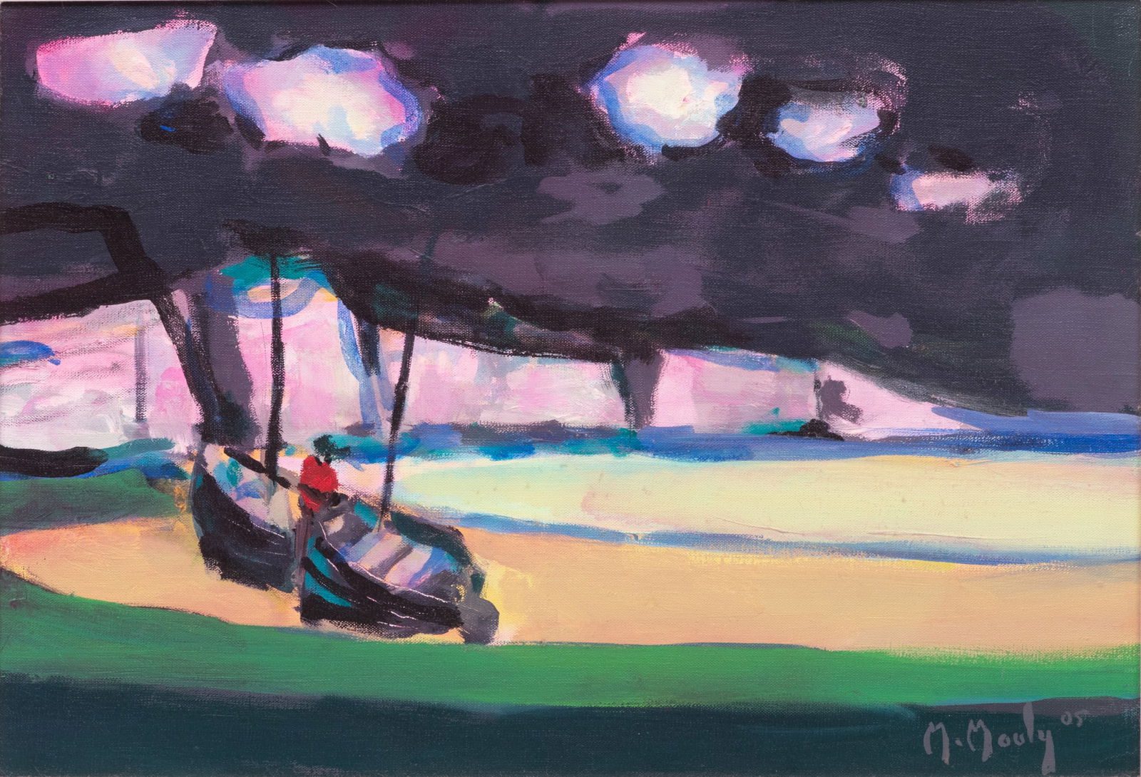 Marcel Mouly (French, 1918-2008) Oil on Canvas, 2005, "Boats on the Shore, Normandy", H 15" W 21": Marcel Mouly (French, 1918-2008) Oil on Canvas, 2005, "Boats on the Shore, Normandy", H 15" W 21" | Signed and dated in the lower right. Signed, dated, titled verso. Having a silver painted wood frame