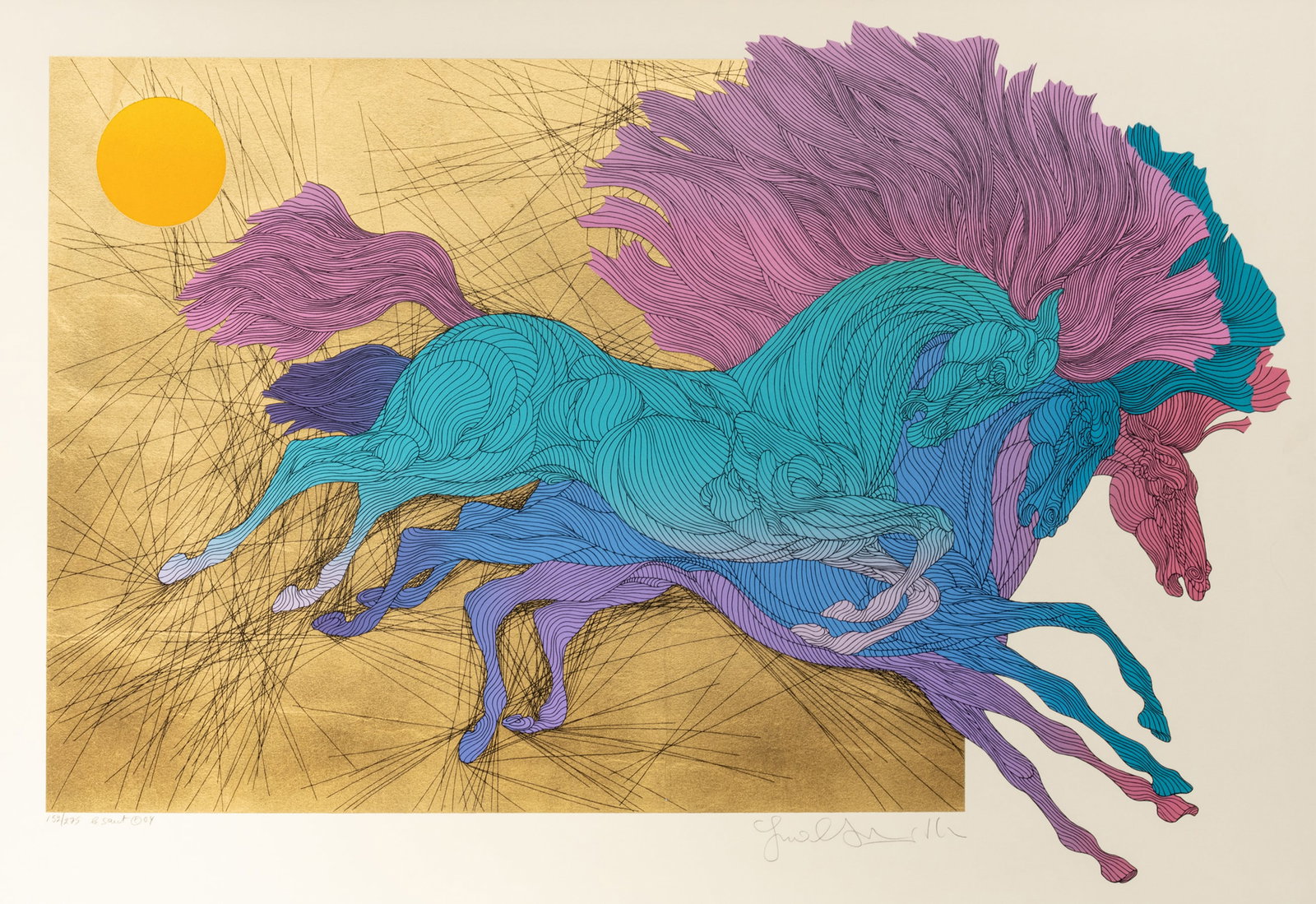Guillaume A. Azoulay (Moroccan, B. 1949) Serigraph in Colors on Wove Paper, 2004, "Le Saut", H 37" W: Guillaume A. Azoulay (Moroccan, B. 1949) Serigraph in Colors on Wove Paper, 2004, "Le Saut", H 37" W 25.5" | Signed in pencil lower right, titled, dated and numbered 152/275, with margins. Frame Measu