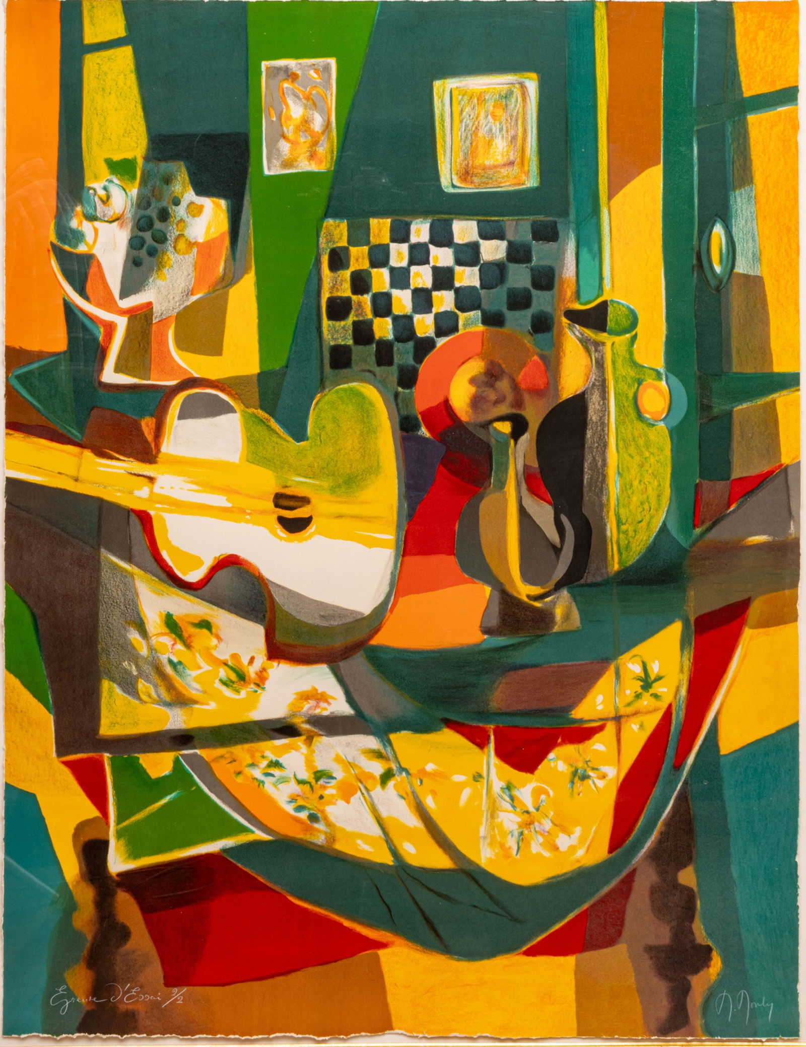 Marcel Mouly (French, 1918-2008) Lithograph in Colors on Wove Paper "Still Life with Guitar", H 45": Marcel Mouly (French, 1918-2008) Lithograph in Colors on Wove Paper "Still Life with Guitar", H 45" W 33.5" | Signed lower right and annotated epreuve d'essai 2/2 (a proof aside from the edition of 30