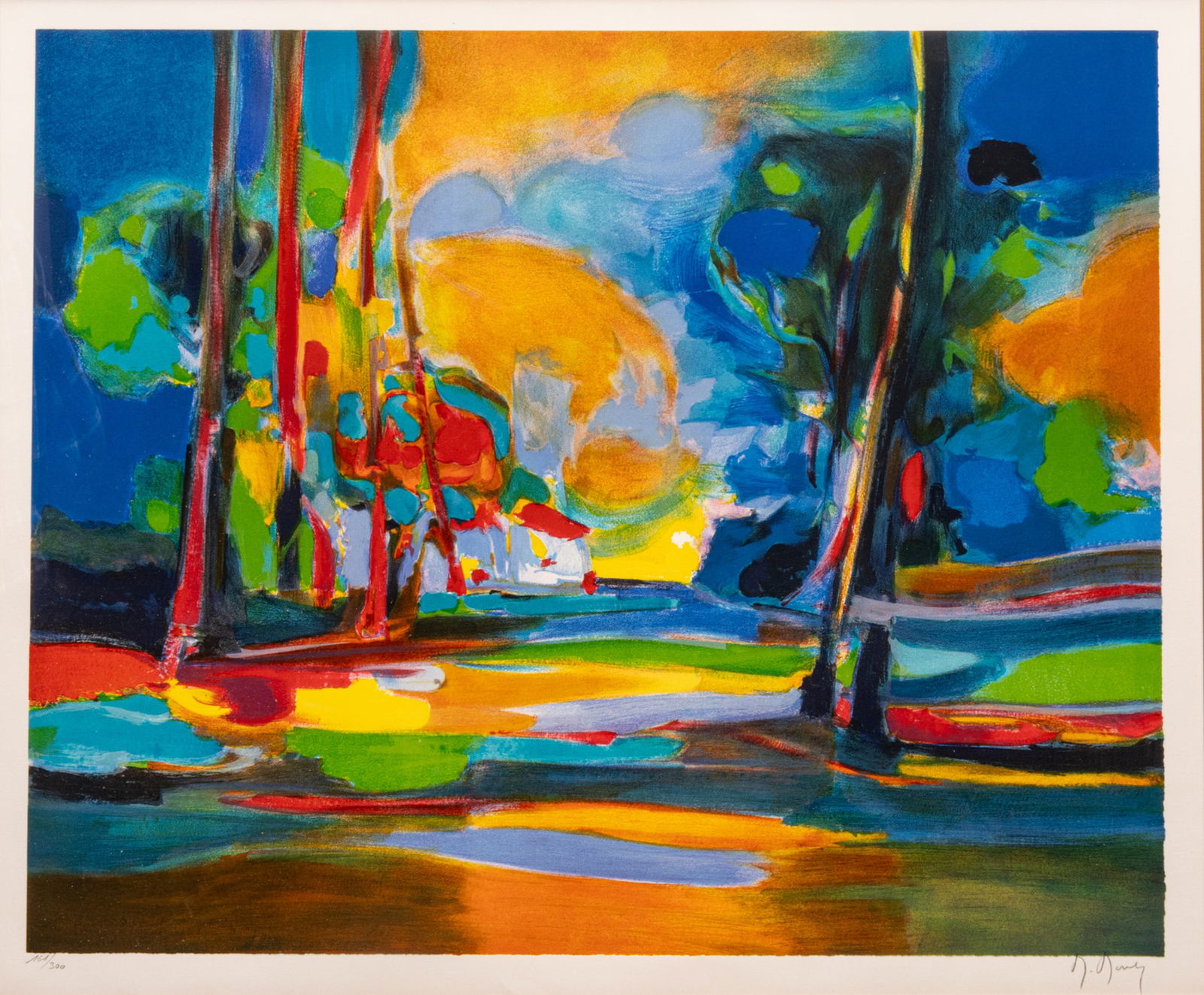 Marcel Mouly (French, 1918-2008) Lithograph in Colors on Wove Paper, 2002, "Le Maison Dans La: Marcel Mouly (French, 1918-2008) Lithograph in Colors on Wove Paper, 2002, "Le Maison Dans La Clairiere", H 22.8" W 27.5" | Signed in pencil lower right and numbered 161/300, with full margins. Frame