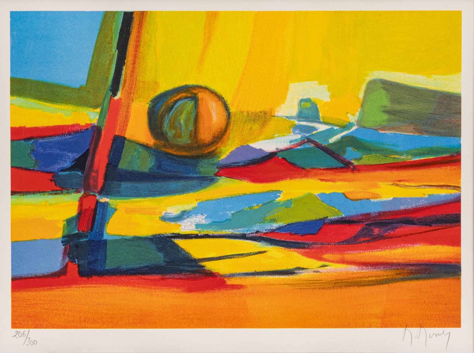Marcel Mouly (French, 1918-2008) Lithograph in Colors on Wove Paper, "Untitled", H 12" W 17": Marcel Mouly (French, 1918-2008) Lithograph in Colors on Wove Paper, "Untitled", H 12" W 17" | Signed in pencil lower right and numbered 206/300, with full margins. Frame Measurements H 26.5" W 30.5"