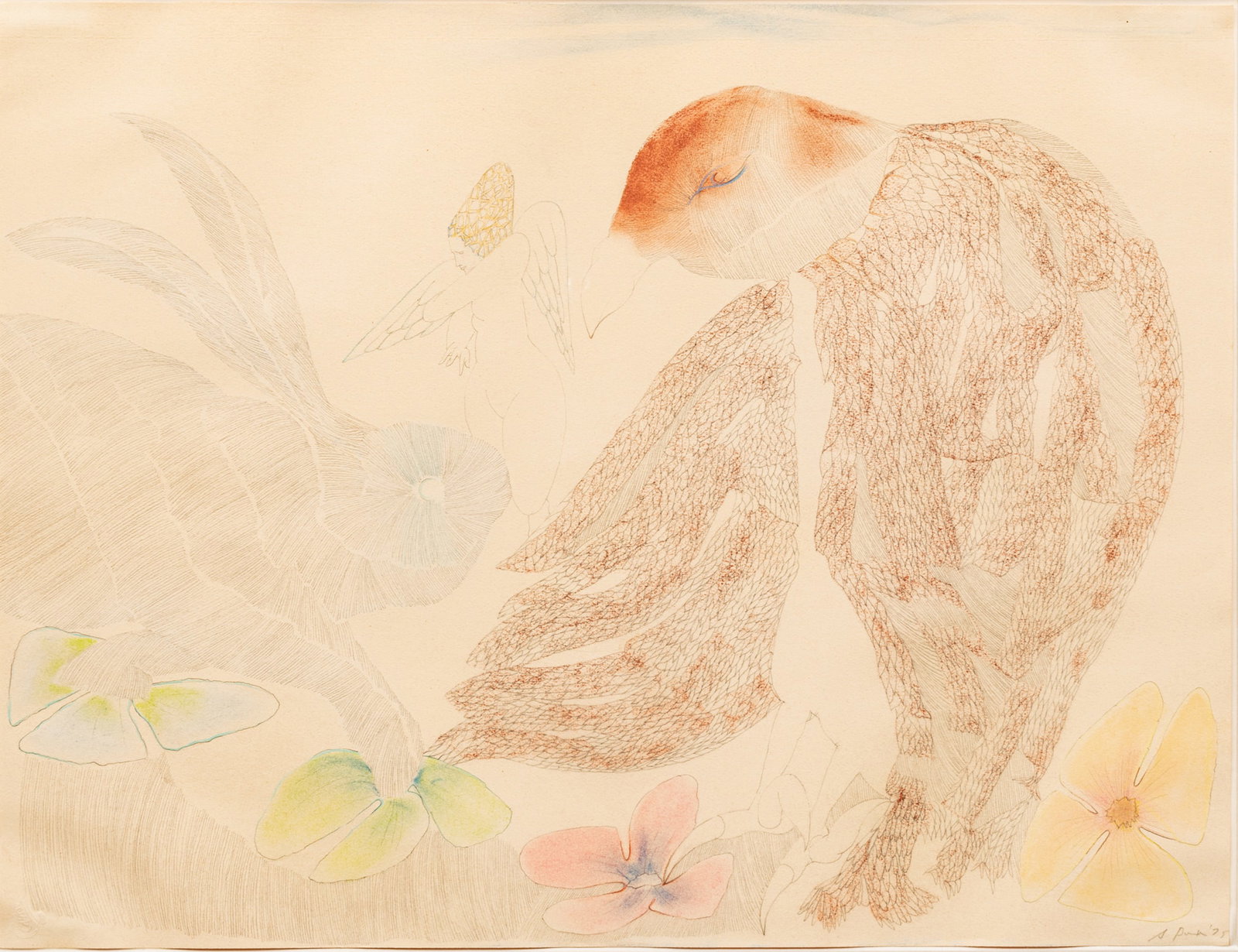 Stanley Boxer (American, 1926-2000) Graphite, Crayon And Pastel on Tan Canson Demi-tiente Paper: Stanley Boxer (American, 1926-2000) Graphite, Crayon And Pastel on Tan Canson Demi-tiente Paper 1975, "Eagletohsoforlorn", H 19.5" W 25.5" | Signed and dated in pencil lower right. Frame Measurements