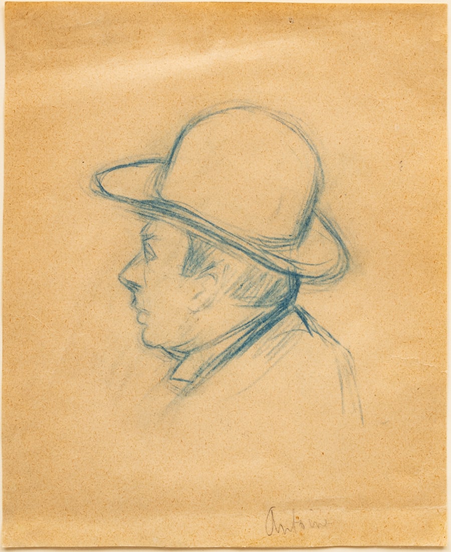 European Pastel Sketch on Paper, Ca. Late 19th C., "Man in a Bowler Hat", H 4.75" W 3.5": European Pastel Sketch on Paper, Ca. Late 19th C., "Man in a Bowler Hat", H 4.75" W 3.5" | Signed "Antoine" in the lower right. Profile sketch of a man wearing a bowler hat. Paper size: H 6.75", W 5.5