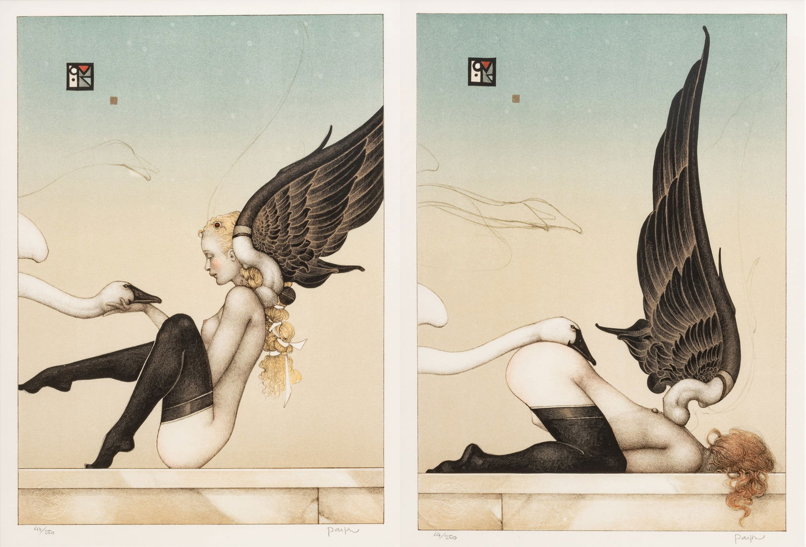 Michael Parkes (American, B. 1944) Lithographs in Colors on Wove Paper, 1996, "Almost Fallen: Michael Parkes (American, B. 1944) Lithographs in Colors on Wove Paper, 1996, "Almost Fallen Angels", Group of Two Prints, H 15.25" W 11" | Each signed in pencil and numbered 47/250, with the blindsta