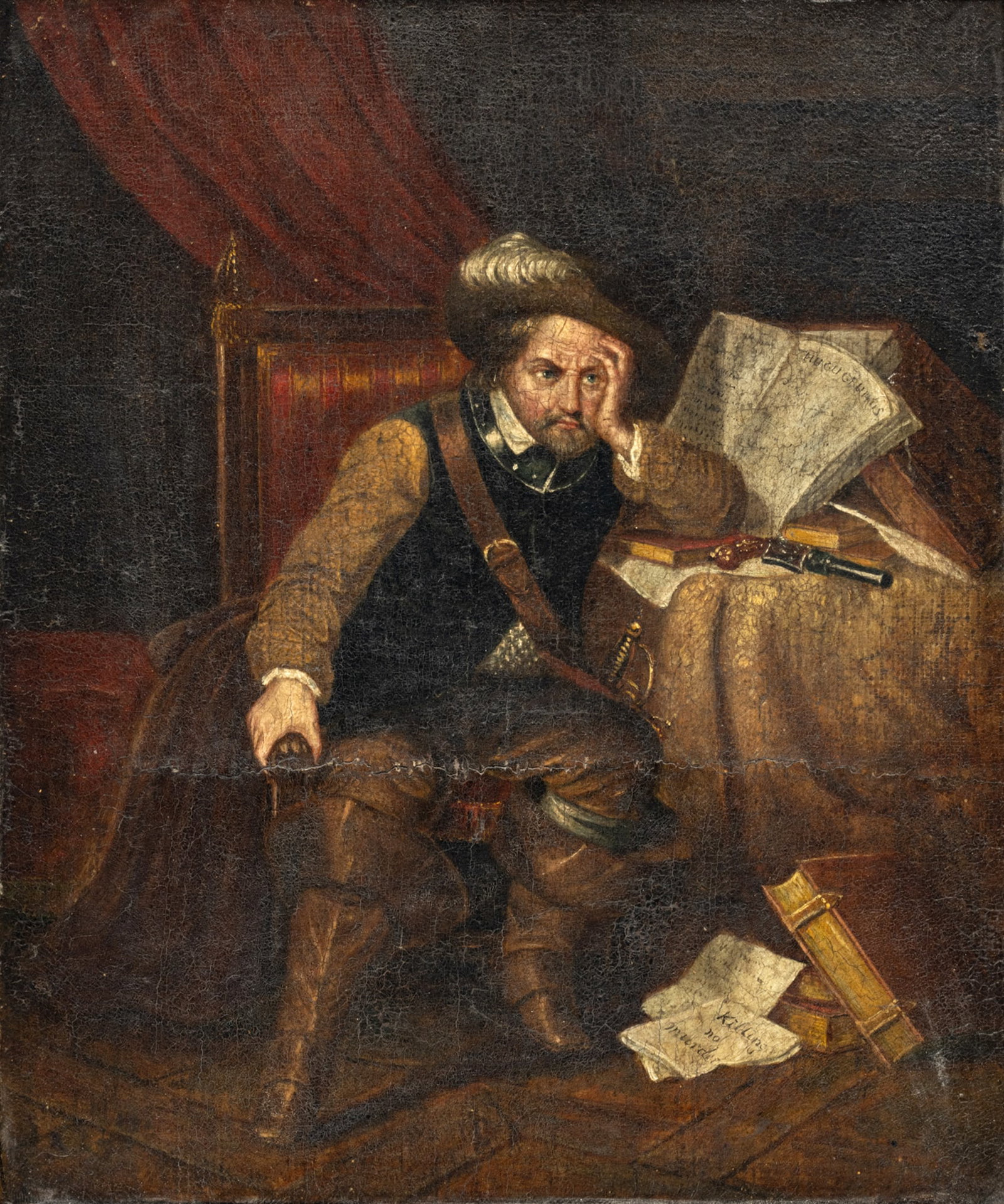 English Oil on Canvas, 19th C., Oliver Cromwell with Killing No Murder H 8.75" W 7.25": English Oil on Canvas, 19th C., Oliver Cromwell with Killing No Murder H 8.75" W 7.25" | Unsigned. Depicting a seated Oliver Cromwell with a pamphlet by Hugo Grotius on his desk and a copy of Killing 
