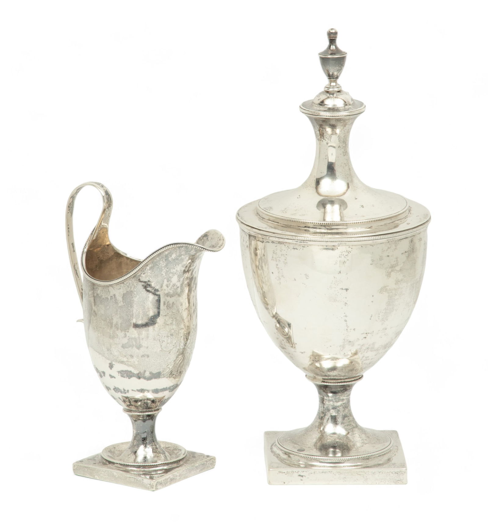 American Colonial Period Silver Creamer & Covered Sugar Urn by JR Ca. 1810, H 10.75" 21.5t oz (1 of 6)