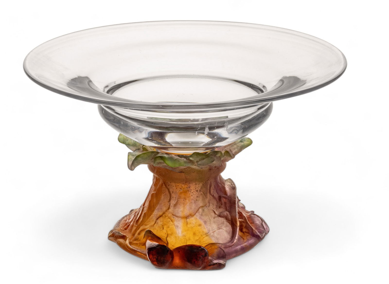 Daum (French) Pate De Verre Art Glass Coupe Bowl, Pear And Leaf Motif, H 5.5" Dia. 9": Daum (French) Pate De Verre Art Glass Coupe Bowl, Pear And Leaf Motif, H 5.5" Dia. 9" | Having a clear bowl with a pate de verre green-to-amber foot with lizard, pears, and leaf motifs in relief. Gree