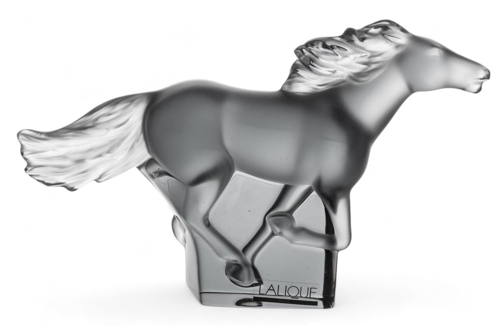 Lalique (French) 'Kazak Horse-Grey Galloping' Frosted Crystal Figure, H 4.25" W 1.5" L 7.25" (1 of 5)