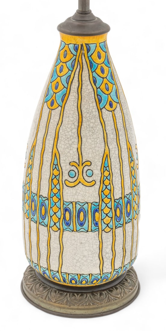 Charles Catteau for Boch Freres Art Deco Glazed Pottery Lamp, Ca. 1930's, H 24" Dia. 6" (1 of 5)