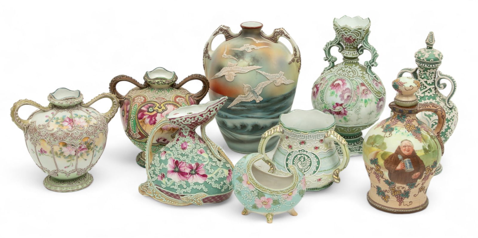 Nippon (Japanese) Moriage Porcelain Vases, Pitcher & Decanters, Ca. 1900, H 11" Dia. 5.5" 9 pcs (1 of 19)