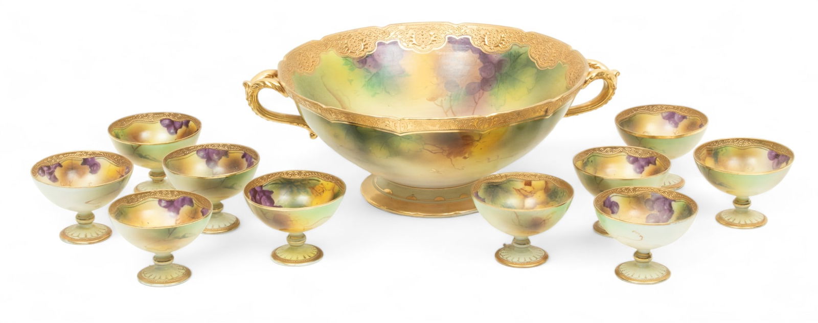 Nippon (Japanese) Painted Porcelain Punch Bowl & Cups, Grape Cluster Motif, Ca. 1900, H 5.5" W 13" L (1 of 10)