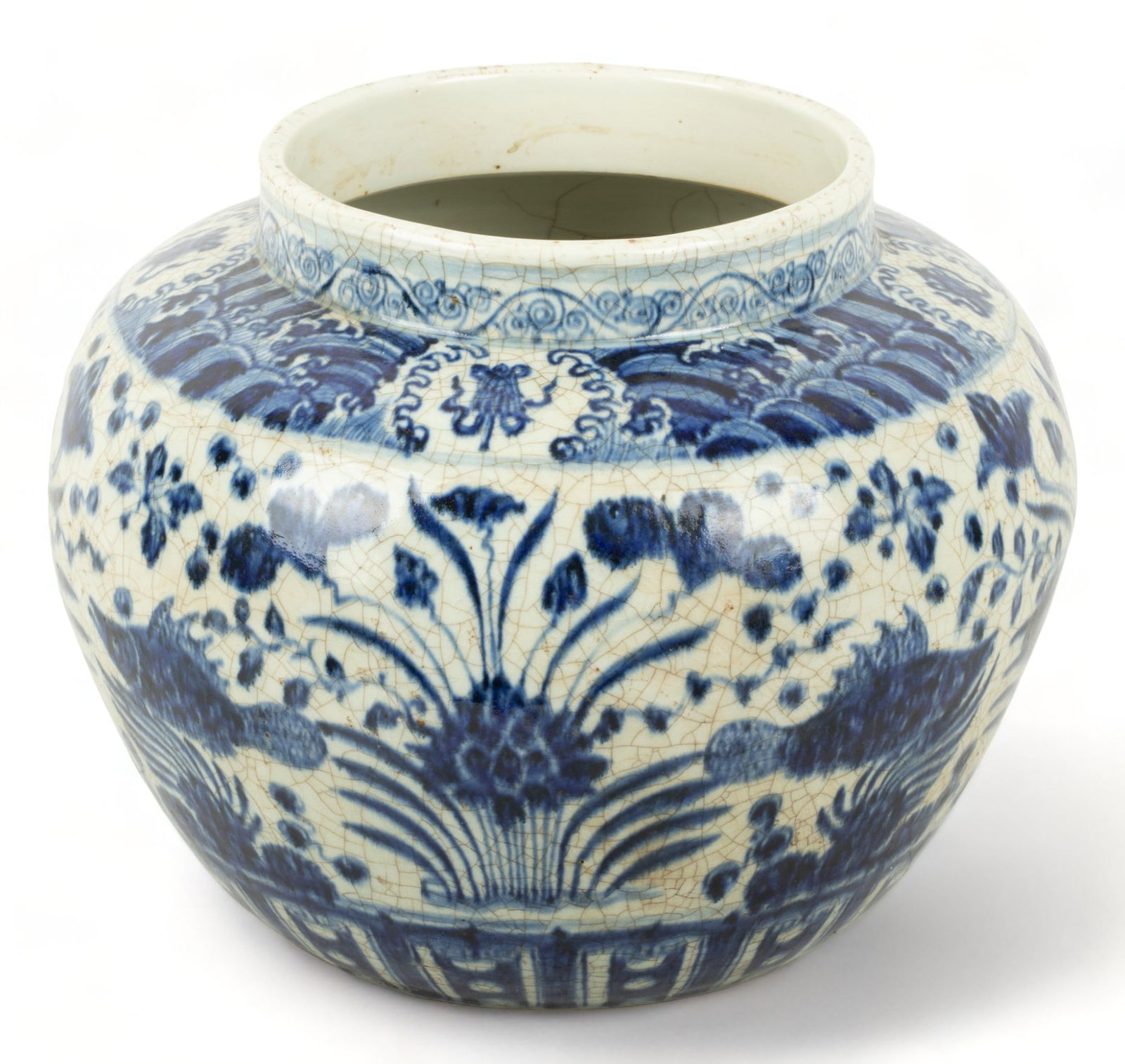 Chinese Ceramic Blue And White Vase Jardinere, H 12" Dia. 13" (1 of 5)