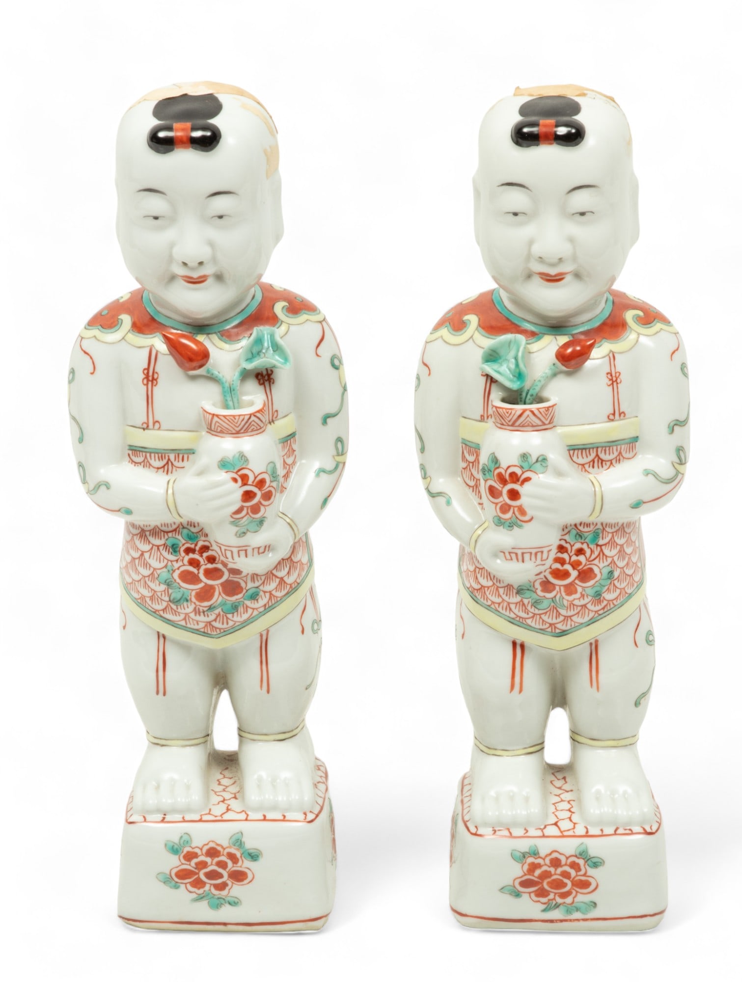 Maitland-Smith (British) Painted Porcelain Figurines, Standing Chinese Boy Figures, H 11" W 4" Depth (1 of 5)