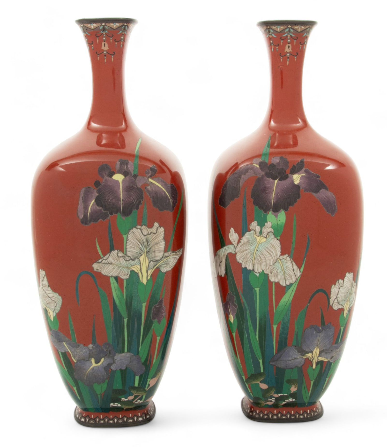 Japanese Cloisonne Enamel Vases, Ca. Early 20th C., H 12" W 4.5" L 3.5" 2 pcs (1 of 6)
