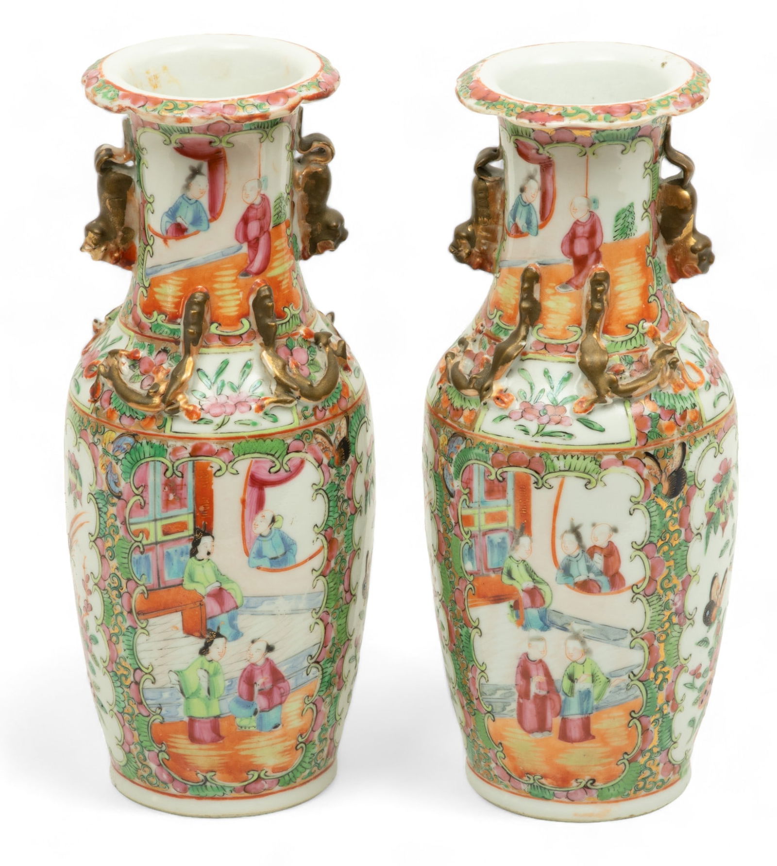 Chinese Rose Medallion Porcelain Vases Ca. 19th Cen., H 10.25" Dia. 4.25" (1 of 5)