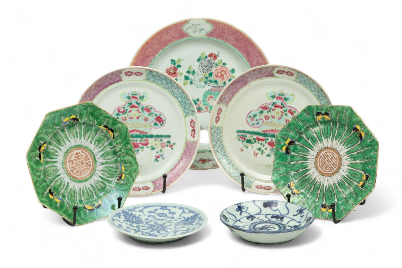 Chinese Export Porcelain Plates, Famille Rose, Cabbage Leaf, Blue & White, Ca. 19/20th C., Dia. (1 of 12)