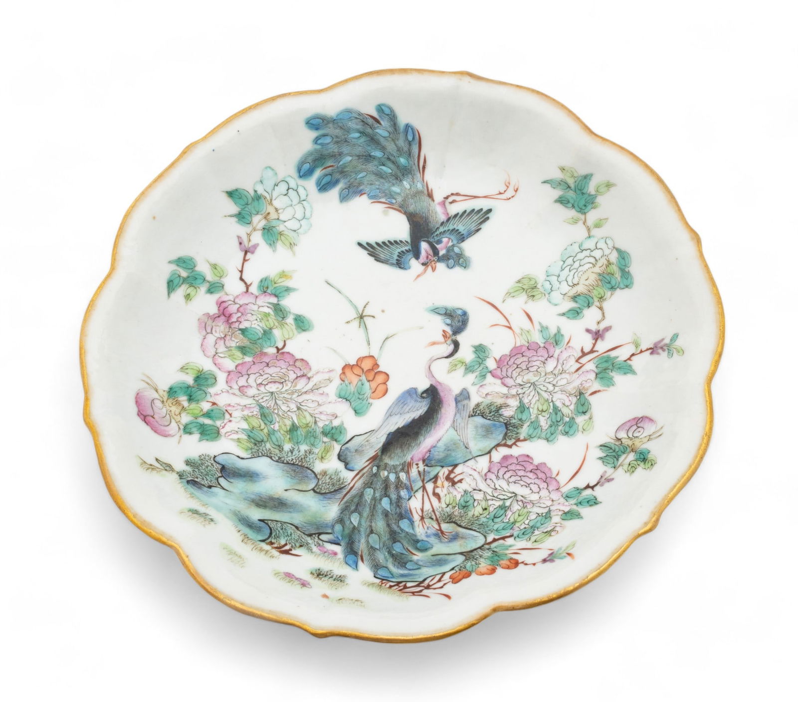 Chinese Famille Rose Peacock Export Porcelain Footed Compote, Ca. 19th C., H 2.75" Dia. 9.25" (1 of 5)