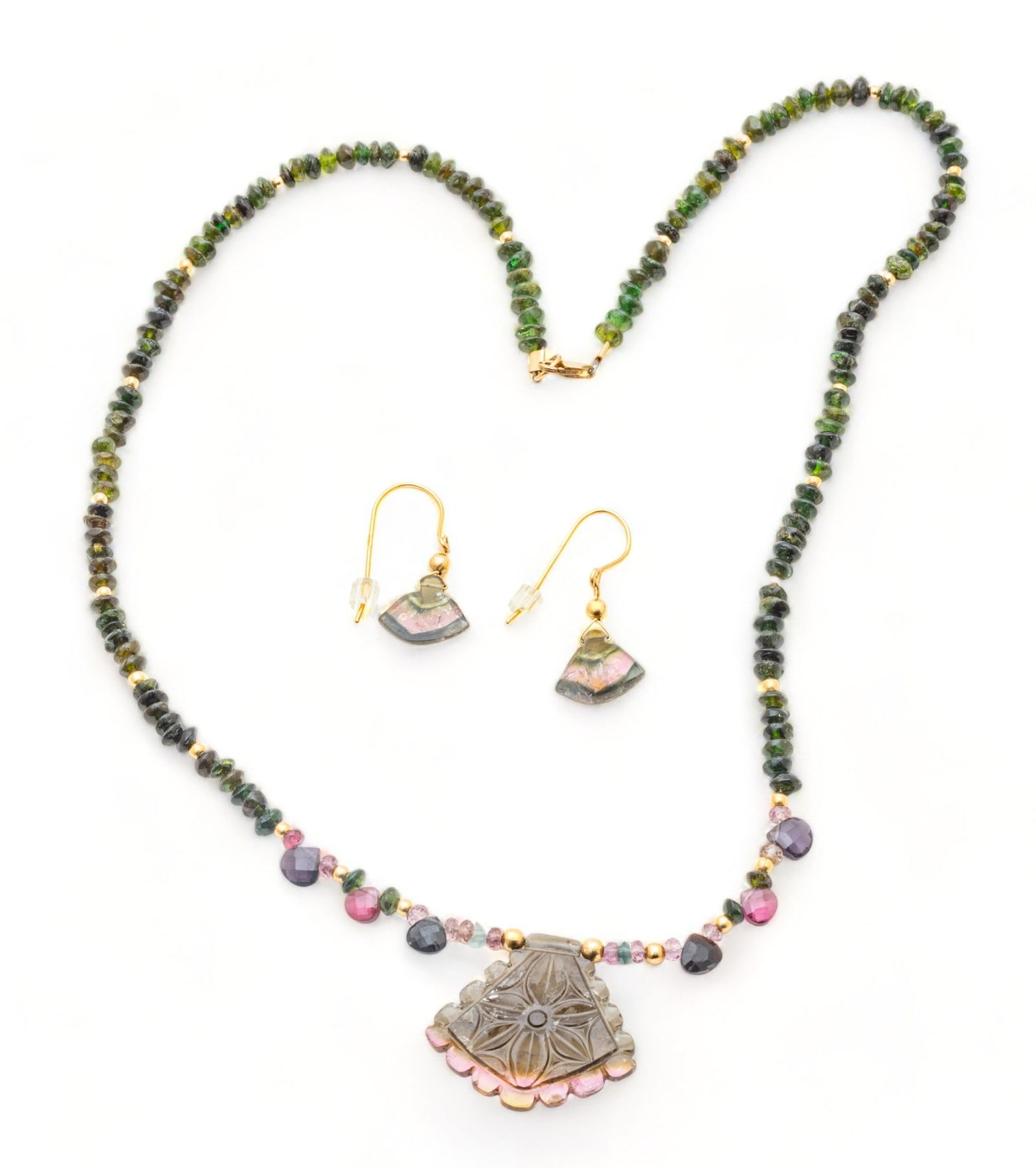 Beaded Green Tourmaline, 14k Gold Necklace & Earrings, L 19" 15g (1 of 6)