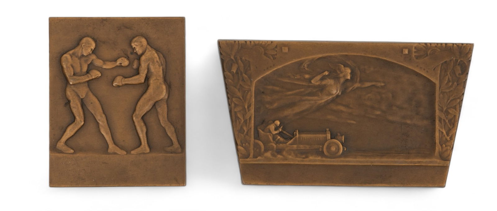 Andre Mery & Alex Morlon, Bronze Medallions: Boxing Match & Progress of the Auto Ca. 1910, 2 pcs (1 of 2)