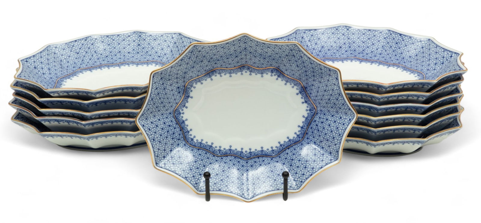 Mottahedeh (Portugal) 'Blue Lace' Porcelain Oval Fluted Dishes, H 1.5" W 6.5" L 8.25" 12 pcs (1 of 3)