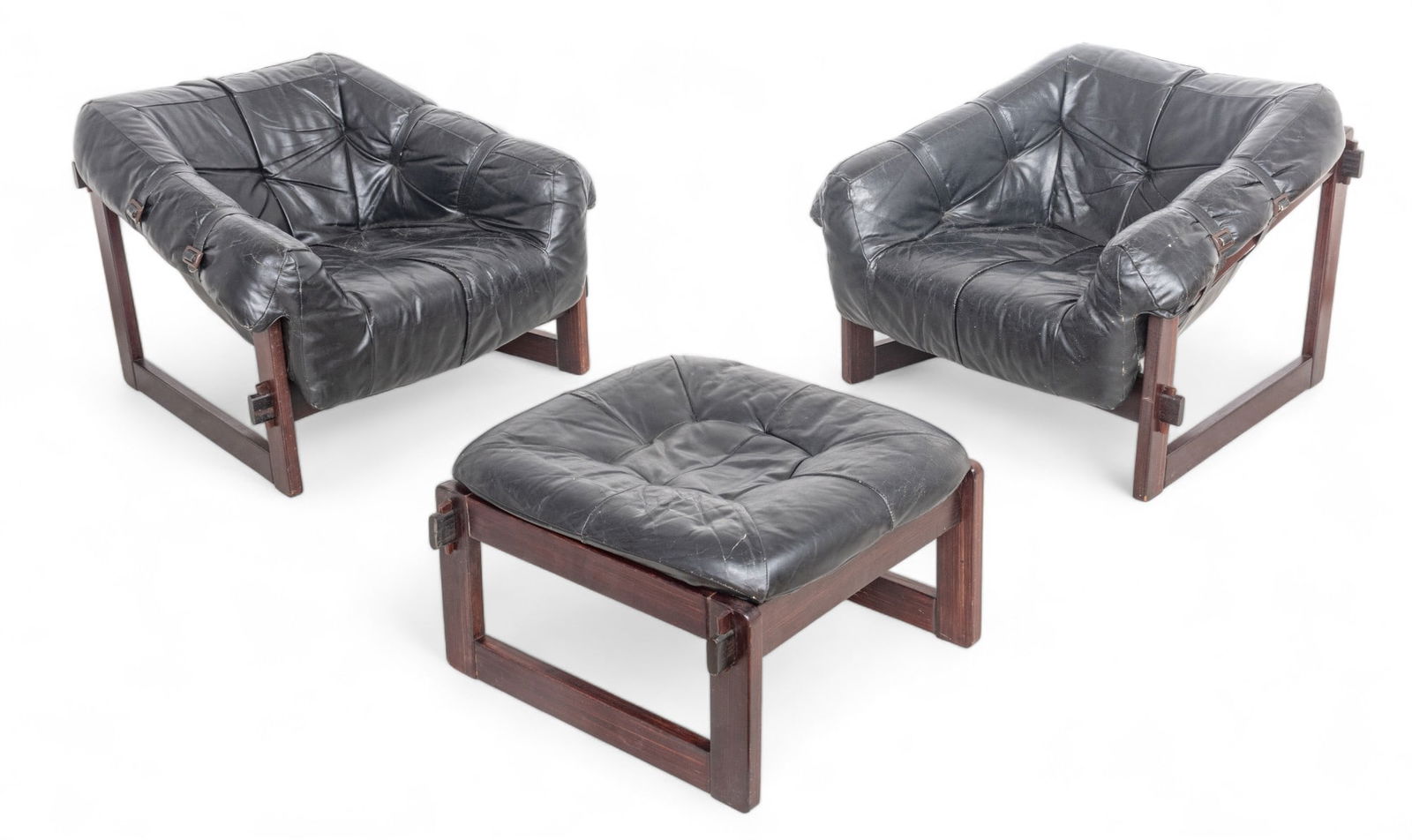 Percival Lafer (Brazilian, B. 1936) Pair of Leather And Rosewood Lounge Chairs with Ottoman, "Model (1 of 10)