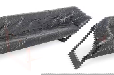 Percival Lafer (Brazilian, B. 1936) Leather And Rosewood Mid-Century Sofa H 25" W 80" Depth 32": Percival Lafer (Brazilian, B. 1936) Leather And Rosewood Mid-Century Sofa H 25" W 80" Depth 32" | Label on the front left of the frame: Design by Lafer MP Made in Brazil. Rosewood frame with black lea