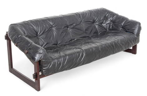 Percival Lafer (Brazilian, B. 1936) Leather And Rosewood Mid-Century Sofa H 25" W 80" Depth 32": Percival Lafer (Brazilian, B. 1936) Leather And Rosewood Mid-Century Sofa H 25" W 80" Depth 32" | Label on the front left of the frame: Design by Lafer MP Made in Brazil. Rosewood frame with black lea