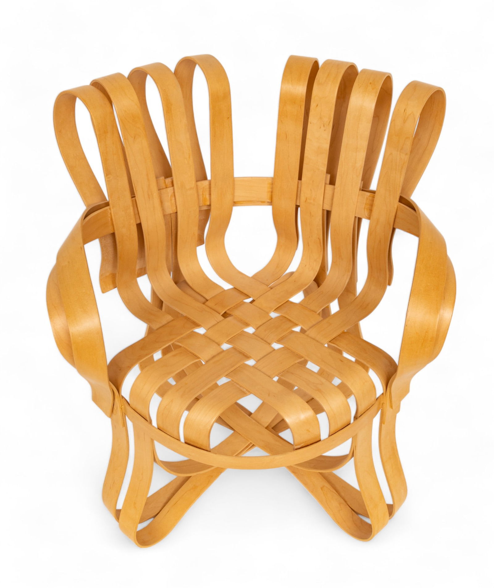 Frank Gehry (American/Canadian, B. 1929) for Knoll Maple Bentwood "Cross Check Armchair", H 34" W: Frank Gehry (American/Canadian, B. 1929) for Knoll Maple Bentwood "Cross Check Armchair", H 34" W 27" Depth 24" | Signed and marked Knoll on the underside with a date of 06/97. Constructed with bentwo