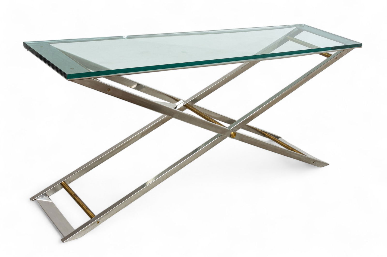 In the Manner of John Vesey Cross Base Form Aluminum And Brass Console Table "Console Table", H 32": In the Manner of John Vesey Cross Base Form Aluminum And Brass Console Table "Console Table", H 32" W 17.75" L 72" | with rectangular glass top.