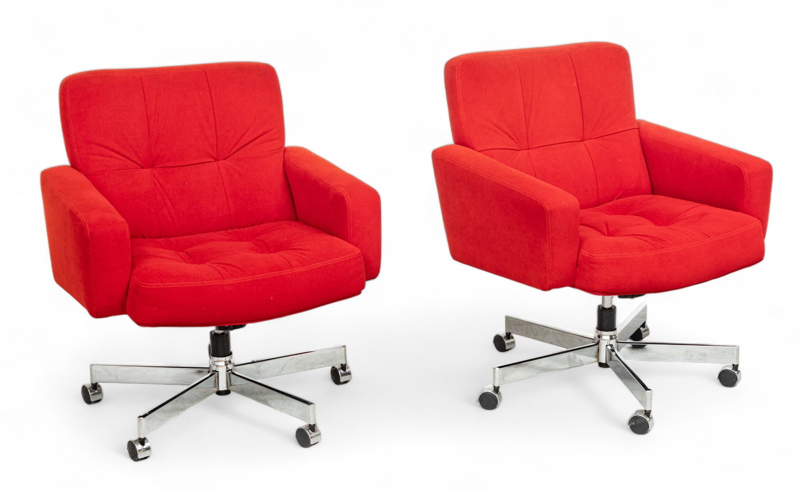 Fortress Furniture (American) Pair of Red Swivel Tilt Office Chairs H 35" W 30" Depth 25": Fortress Furniture (American) Pair of Red Swivel Tilt Office Chairs H 35" W 30" Depth 25" | Having red microfiber upholstery. Chromed legs with five castors.