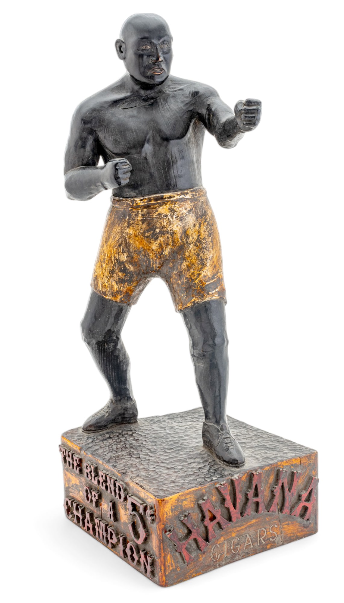 Samuel Anderson Robb (American, 1851-1928) Carved Wood Counter Top Cigar Store Display Ca. 1908,: Samuel Anderson Robb (American, 1851-1928) Carved Wood Counter Top Cigar Store Display Ca. 1908, "Jack Johnson", H 27" W 10" L 10" | Full relief carved figure of Jack Johnson in a fighting pose wearin