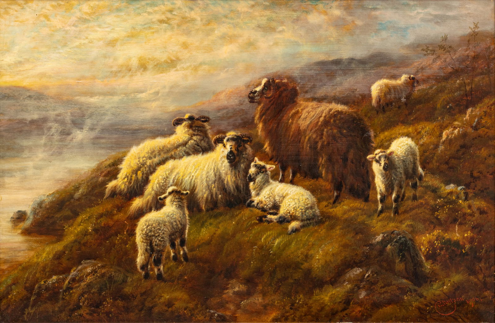 Charles H.R. Watson (British (19th C.)) Oil on Canvas 1906, "Scottish Highland Sheep", H 20" W 30" (1 of 8)