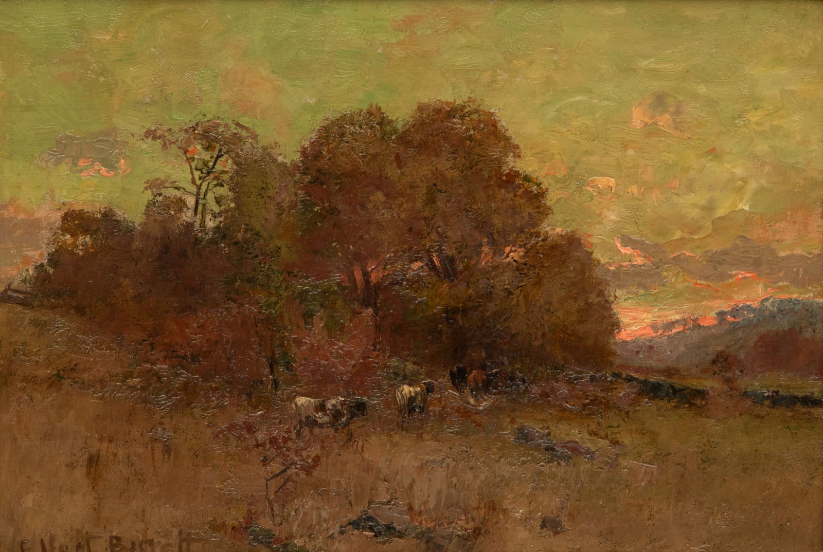 Elizabeth Hunt Barrett (American, 1863-1955) Oil on Canvas, "Landscape with Cows", H 10" W 15" (1 of 7)