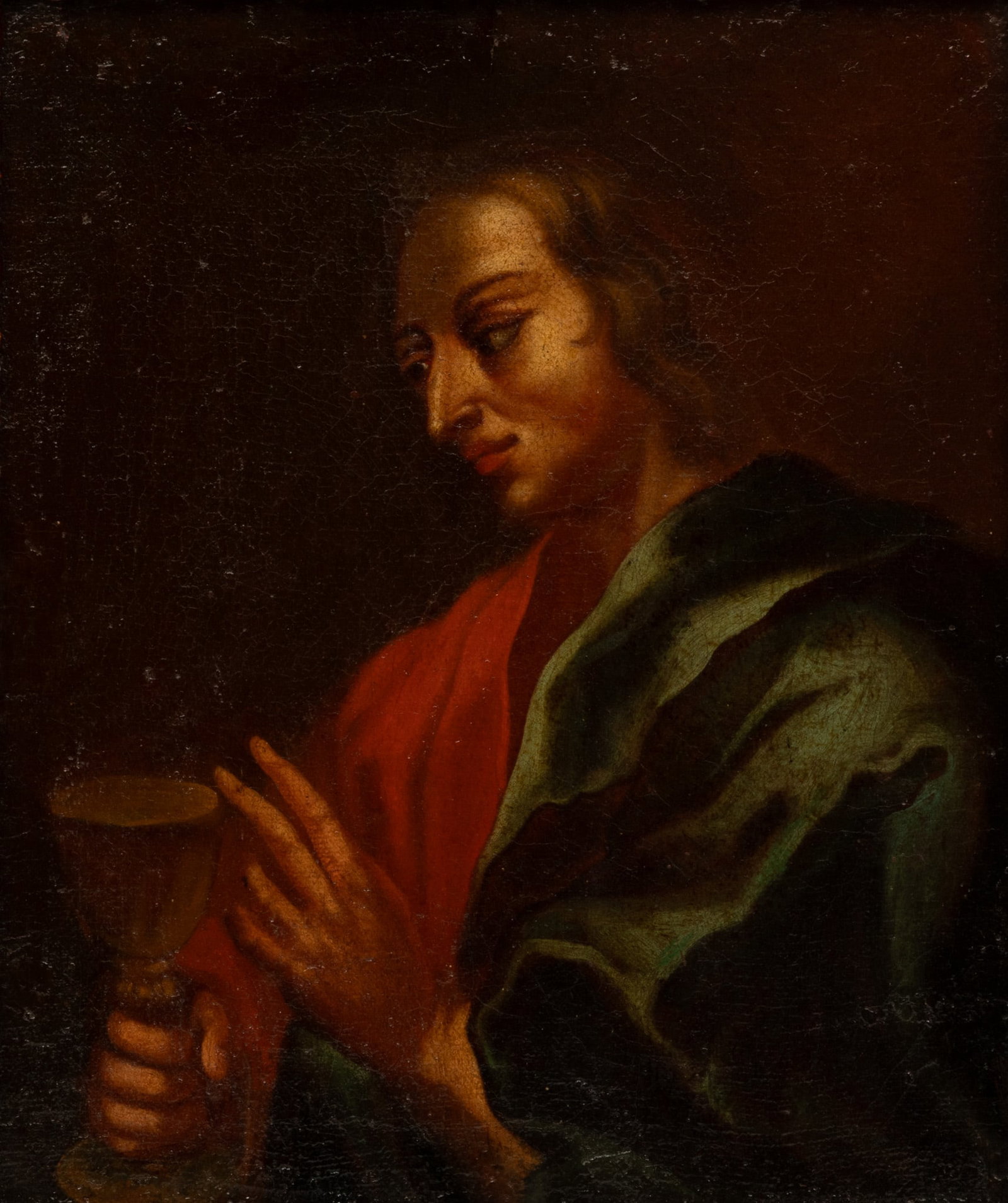 European Oil on Canvas Mounted to Masonite, Ca. 18th C., Christ Blessing the Eucharist H 14" W 11.5": European Oil on Canvas Mounted to Masonite, Ca. 18th C., Christ Blessing the Eucharist H 14" W 11.5" | Unsigned. Frame measurements H21.75" W 19.5" Provenance: Property from a Livonia, MI private coll