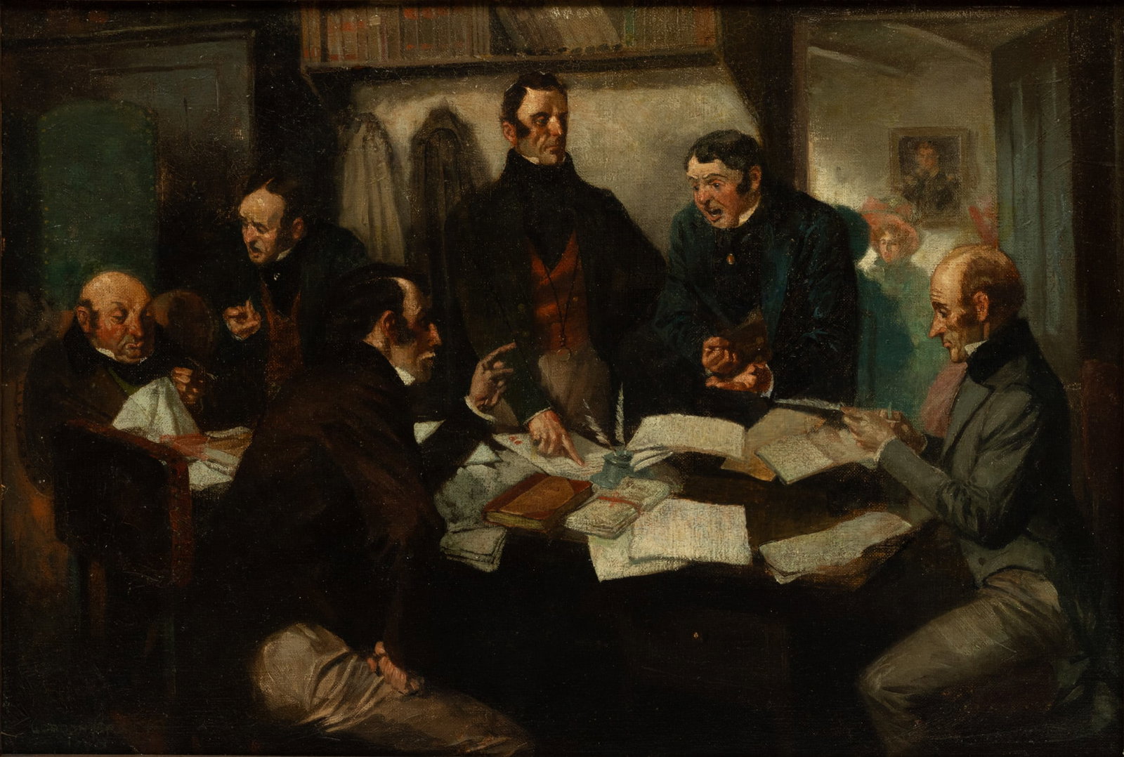 Gordon Hope Grant (American, 1875-1962) Oil on Canvas, Ca. 1900, "The Discussion", H 19" W 28": Gordon Hope Grant (American, 1875-1962) Oil on Canvas, Ca. 1900, "The Discussion", H 19" W 28" | Signed and dated in the lower right. Interior scene of a heated debate over documents spread across a t