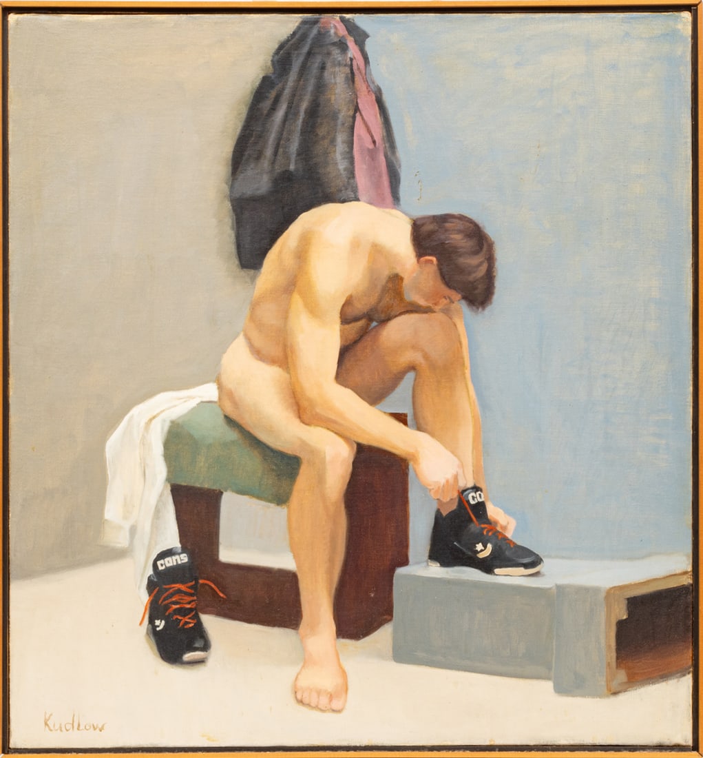 Judith Kudlow (American, B. 1946) Oil on Canvas, Athlete Dressing, H 29.75" W 27.75": Judith Kudlow (American, B. 1946) Oil on Canvas, Athlete Dressing, H 29.75" W 27.75" | Signed in the lower left. Depicting a nude athlete putting on wrestling shoes. Having a thin wood frame, H 31", W