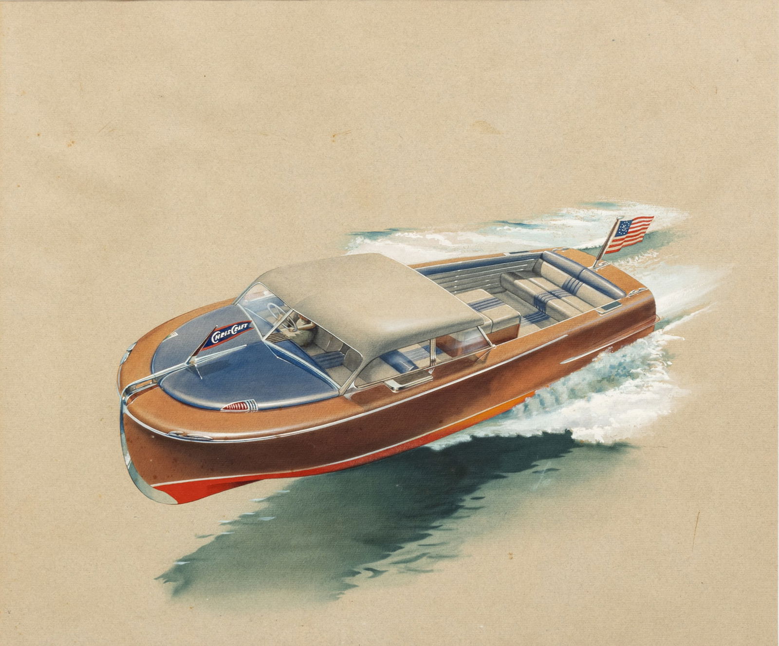 Chris-Craft (American) Mixed Media Drawing on Paper Ca. 1940's, "Original Advertising Art, Life (1 of 7)