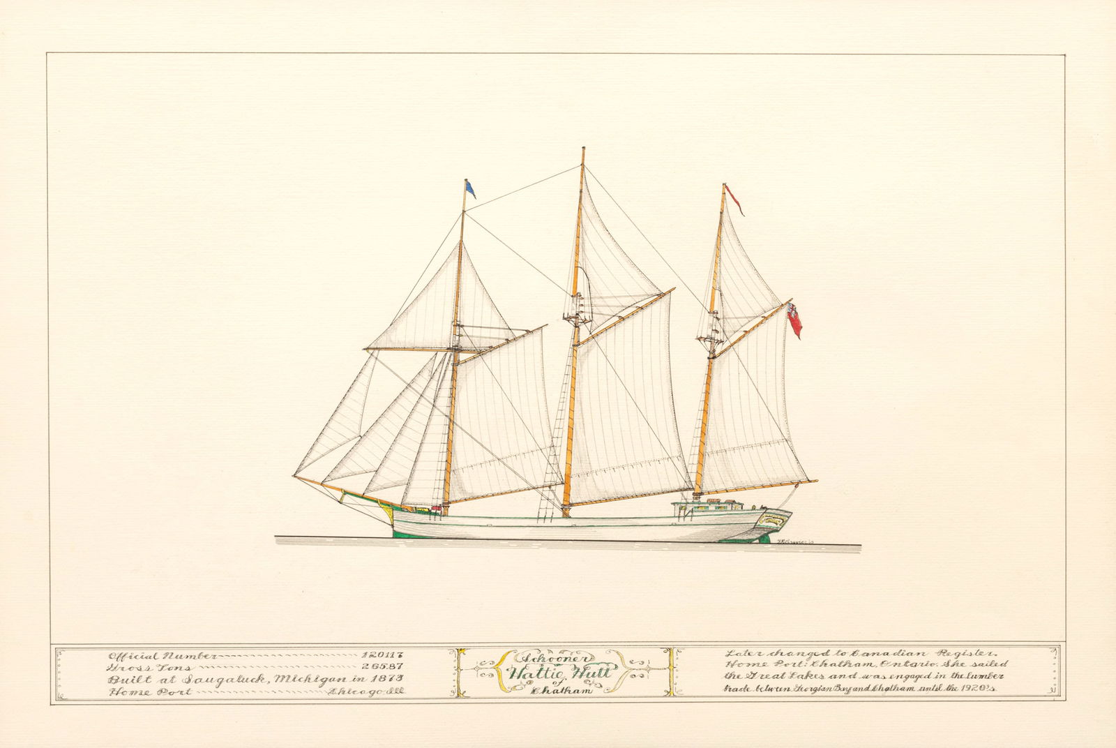 Frank Crevier (American, 1910-1987) Ink And Gouache Drawing on Paper, 1965, "Schooner Hattie Hutt of (1 of 9)